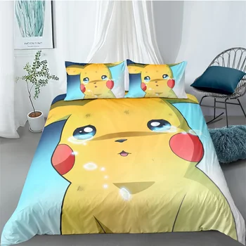

Pikachu Poke-mon Anime Duvet Cover Set Bed Linen Set Janpanese Game Character Cartoon Bedding Set 3PCS for Kids Girls