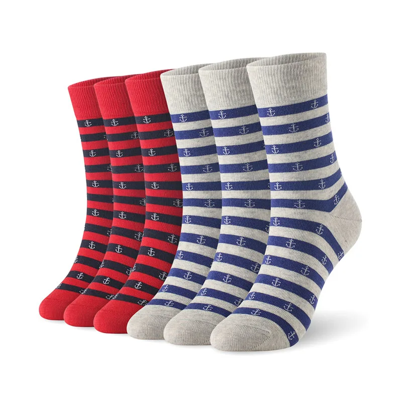 Хлопковые мужские носки в полоску с якорем, мужские мягкие носки, 6 пар/лот, Размер 7-11, европейские размеры 40-46, 1001 VKMONY - Цвет: Red3Gray3