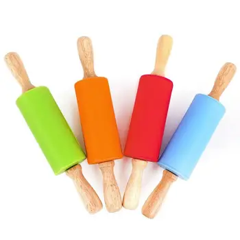 

50pcs New Small Wooden Handle Dough Silicone Rolling Pin Stick 22.5*4.3CM Children Toy Pastry Baking Tools LX7984