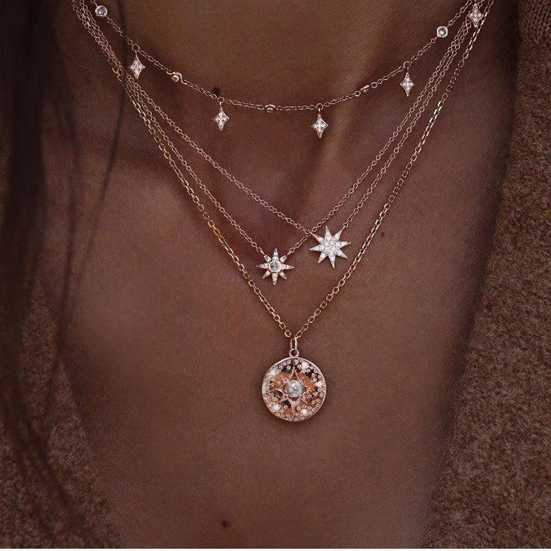 Bohemian Crescent Moon Star Multi layered Necklaces For Women Choker Vintage Coin Cross Pendant Necklace Statement Jewelry 2024