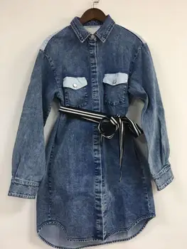 

Women Dress 2019 Early Autumn Women's Colorblock Patch Bag Tie Denim Lapel Shirt Long Sleeve Dress