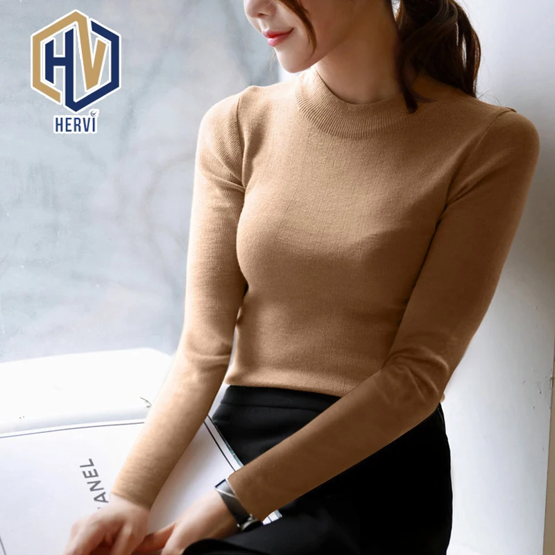 

Autumn Winter Women Pullovers Sweater Knitted Elasticity Jumper Slim Half Turtleneck Warm Female White Black Sweaters -8
