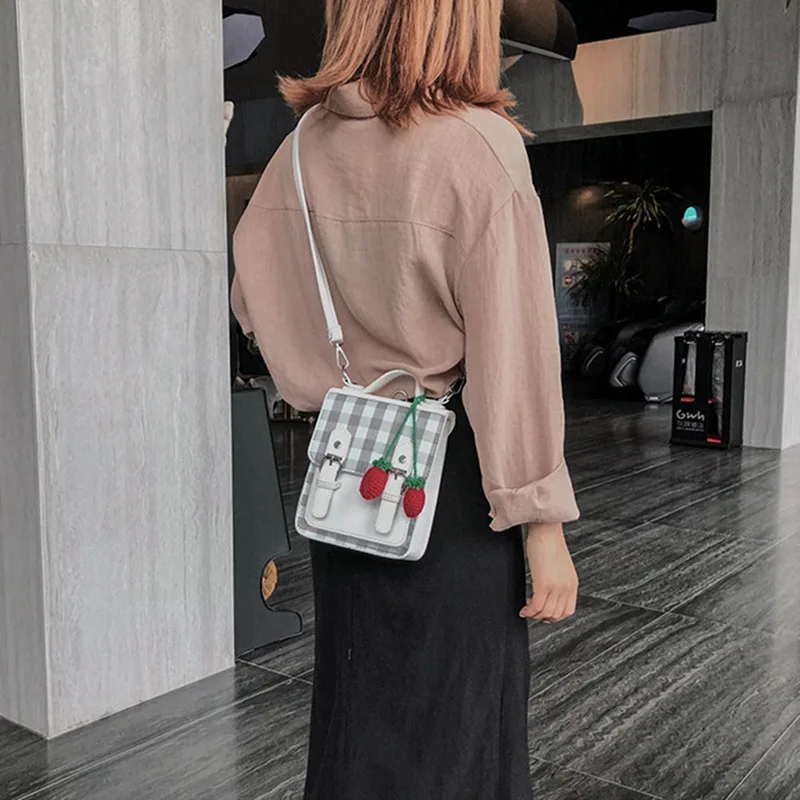 Korean Stitching Contrast Plaid Backpack Ladies Strawberry Shoulder Bag Women Fashion PU Messenger Backpack Double Use New