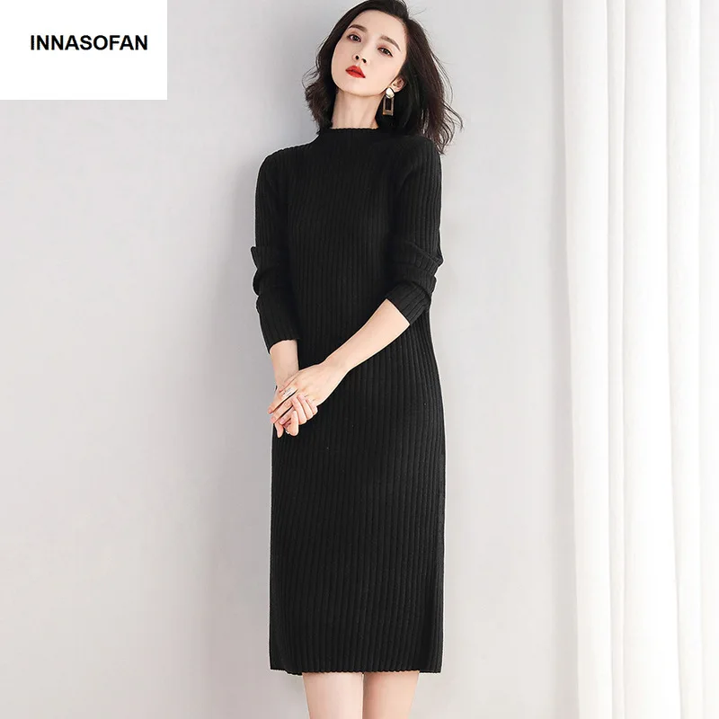 INNASOFAN knitted dress women Autumn Winter long-sleeved dress Euro-American fashion elegant half-high collar dress solid color