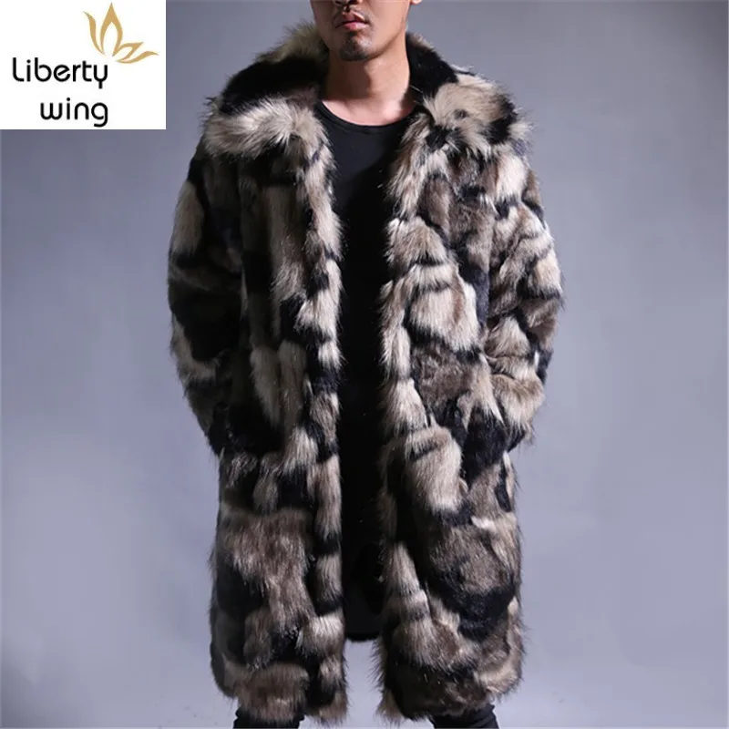 

2020 Winter Mens Hip Hop Loose Long Faux Outwear Coat European Color Mixed Punk Stage Show Fur Jacket Masculino Overcoat