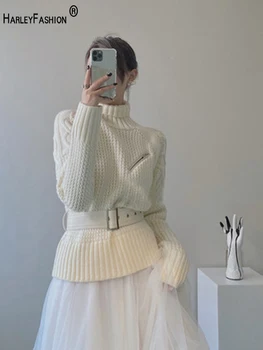 

HARLEYFASHION French Minority Lazy Design Women Pullovers Turtleneck Long Sleeve With Sashes Loose Sweater As Outerwear