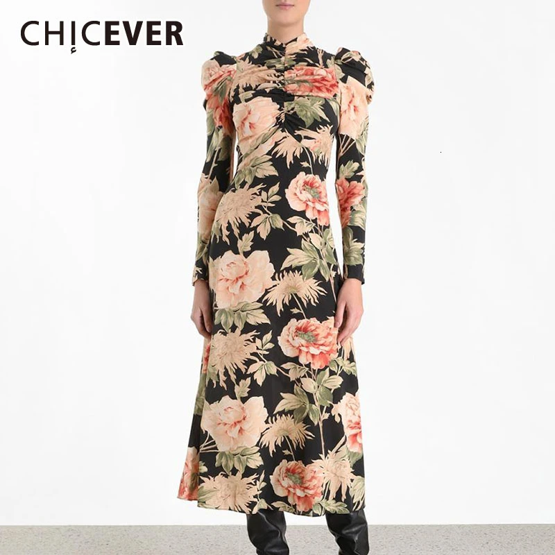 CHICEVER винтажное платье с принтом для женщин, стоячий воротник, Пышное Платье с длинным рукавом, высокая талия, с рюшами, миди платья для женщин, мода