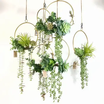 

Simulation Plastic Fleshy Iron Wreath Nordic Minimalist Artificial Green Wreat Aerial Wall Hanging Garland Home Decoration