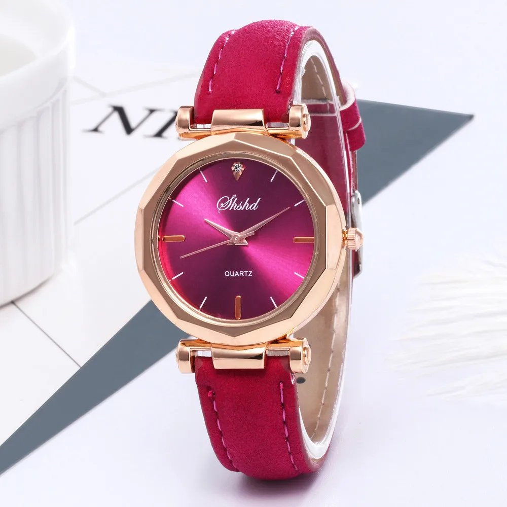 Горячая Распродажа, модные женские кожаные повседневные часы, Роскошные Аналоговые Кварцевые женские простые наручные часы с бриллиантовым браслетом - Цвет: Розовый