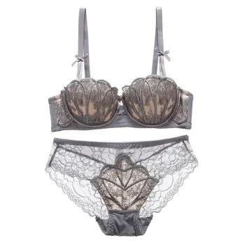 

Women Sexy Lingerie 3/4 Bra Set Underwear + Gathered Women Steel Solid Color Up Ring Push Lace Padded Cup Shell