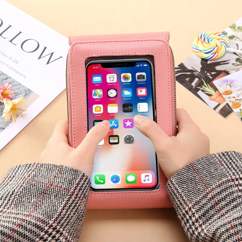 Soft Leather Wallets Touch Screen Mobile Phone Bag for Female Mini Card Holder for Key Coin Purse Vertical Crossbody Money Bags