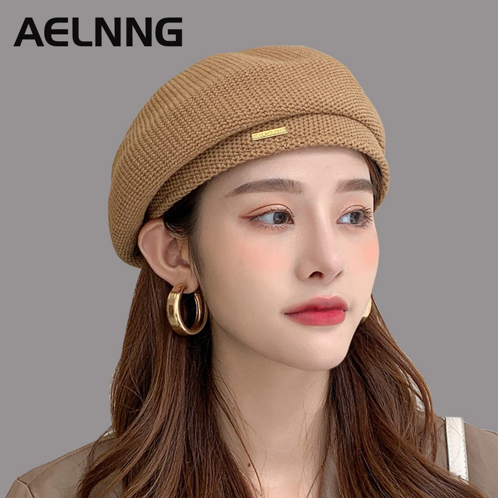 AELNNG Brand Women Autumn Winter Beret Women's Solid Color Knitted Cotton Hats Adjustable Tape
