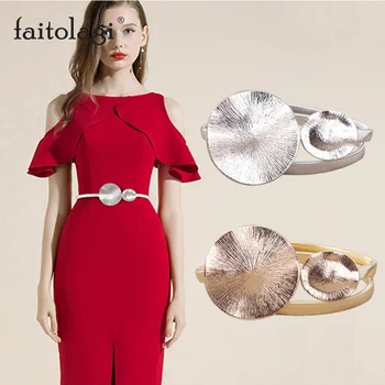 

Elastic Metal Waist Belts For Dresses Metal Silver Gold Color Ladies Belts Stretch Skinny Female Round Leaf Buckle Women Belts
