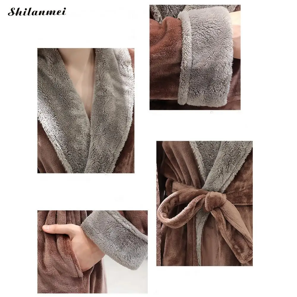Couple Flannel Robe 2019 Autumn Winter Warm Solid Robe Lapel Collar Belted Male Bathrobe Fashion Grey Thicken Long Bath Robe