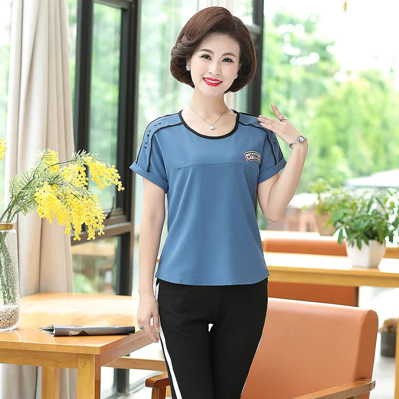 

Mom Summer Set 40-Year-Old 50 Summer Wear Two-Piece Set Thin Elastic Waist Capri Pants Middle-aged Sports WOMEN'S Suit