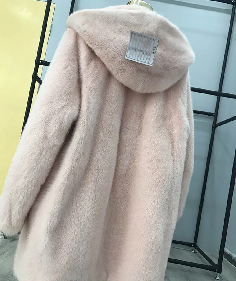 Ftangaiur Winter Import Velvet Mink Fur Coat With Fur Hood Full Pelt Natural Fur Coat Women's Medium Real Mink Fur Coats