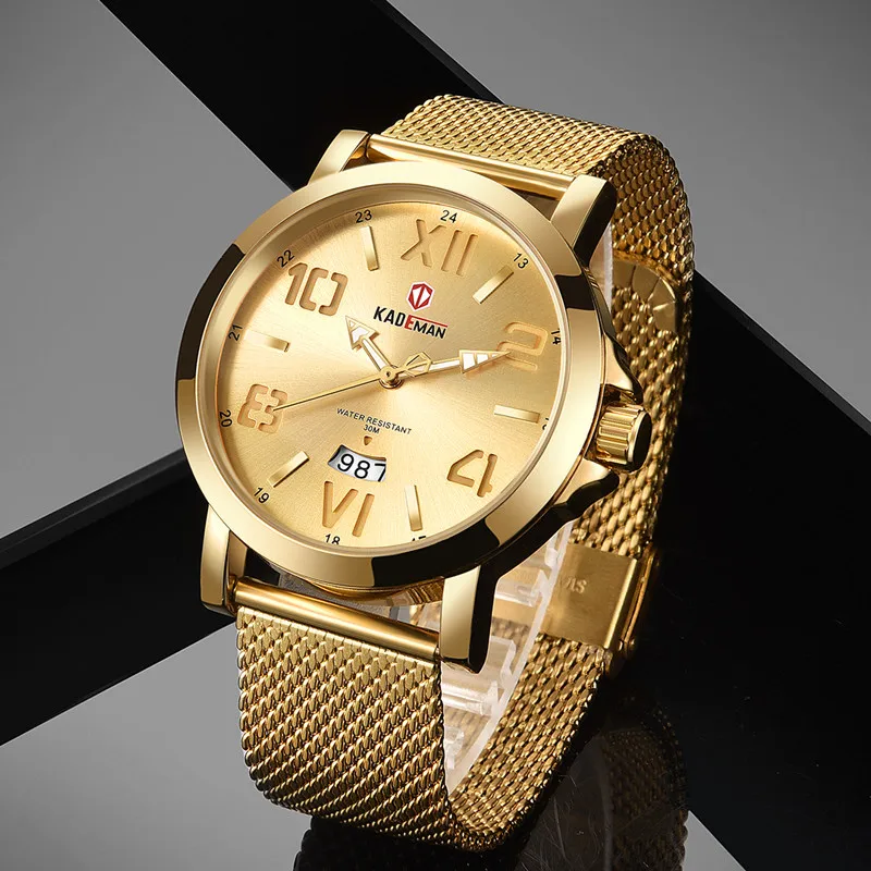 

KADEMAN Men Luxury Gold Business Leisure Man Brand Full Steel Wrist Waterproof Complete Calendar watches Relogio Masculino