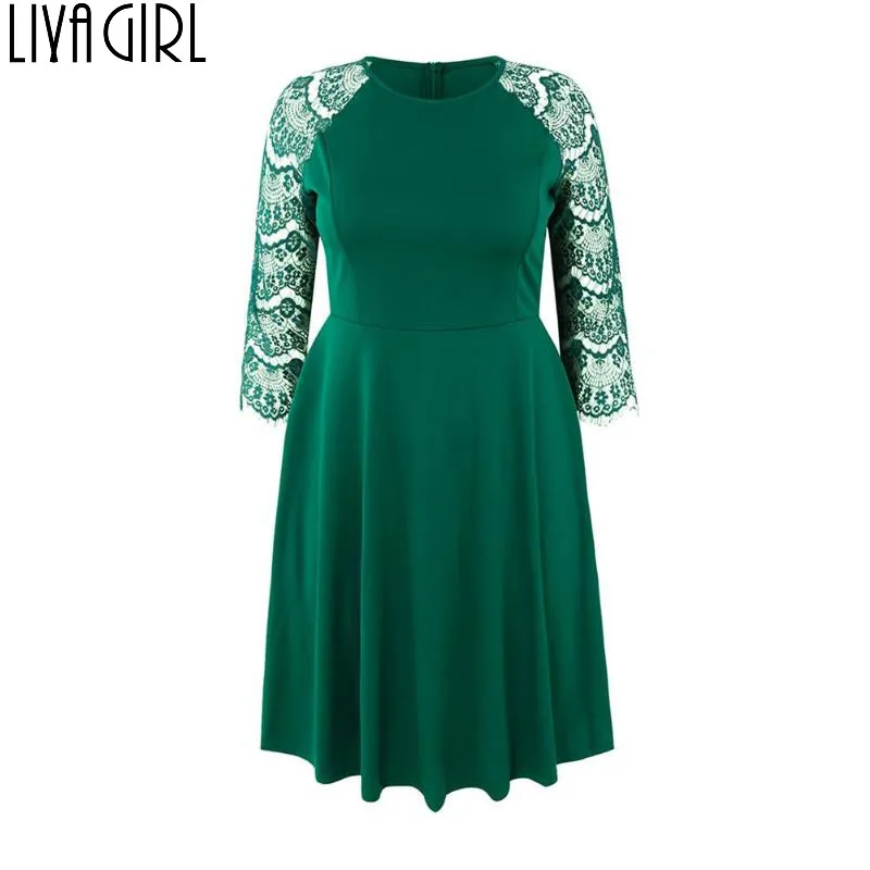 

Elegant Green Lace Sleeve dress Women Patchwork Plus Size XL-4X Tunic Dress Women O-neck Evening Party Swing Dresses Vestidos