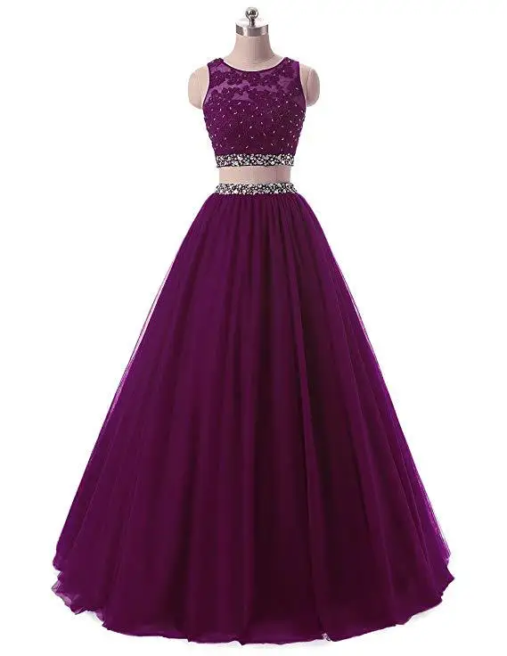 Grape Линия из двух частей аппликация бисером кристаллы Sequines совок шеи вечерние платья без рукавов Формальные платья длиной до пола - Цвет: Grape