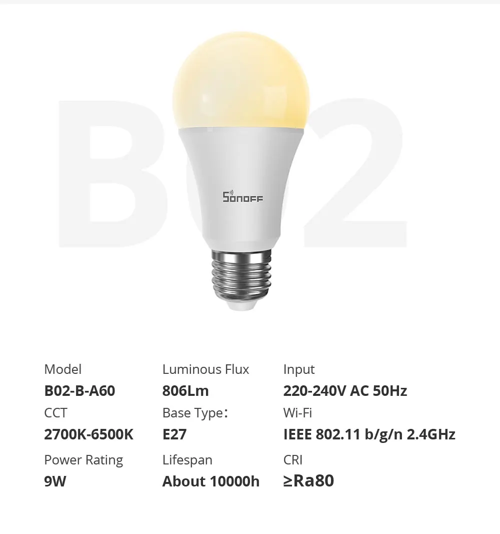 Интеллектуальный выключатель света SONOFF B02 B A60 интеллектуальная Wifi лампа E27