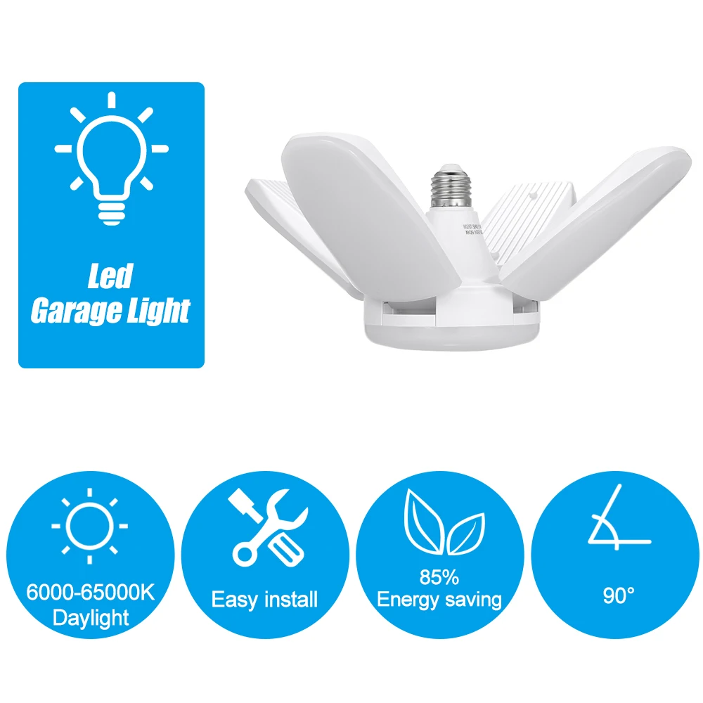

60W 85-265V Portable LED Lamp Bulb Energy Saving Collapsible Garage Lamp Deformable Four Leaves Light Bulb E27 B22 Base