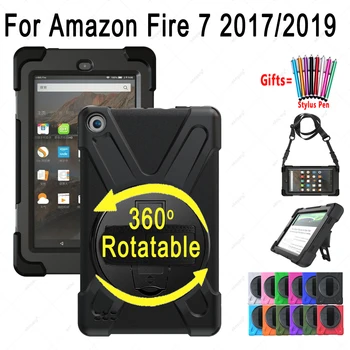 

Hand Shoulder Strap Case for Amazon Fire 7 2017 2019 Kids Safe silicone Shockproof 360 Rotable Tablet Cover with Rope + Pen