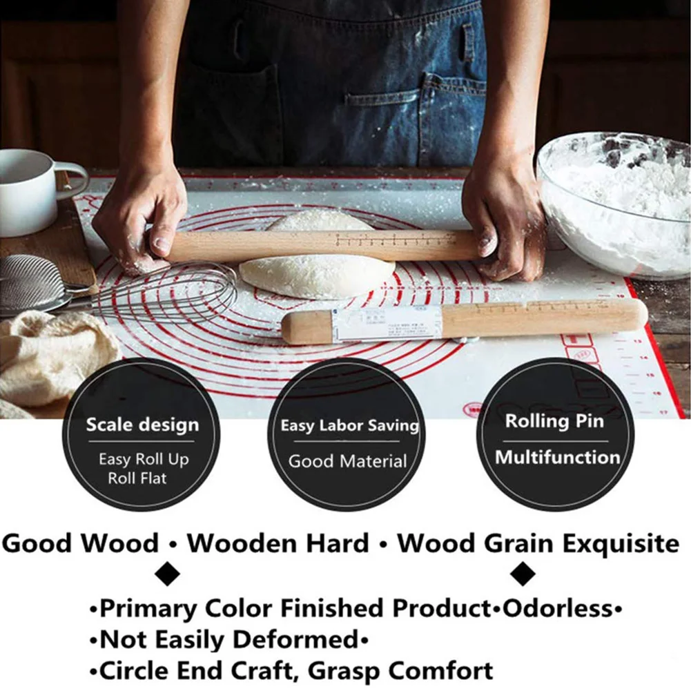 Scaled Solid Wood Rolling Pin Kitchen Baking Utensils Non-stick for Making Biscuits and Pastry Dough