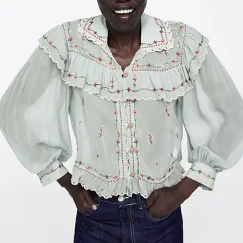 

2019 New Autumn Ruffles Embroidered Chiffon Long Sleeve Shirt Blouses Women OYK8627