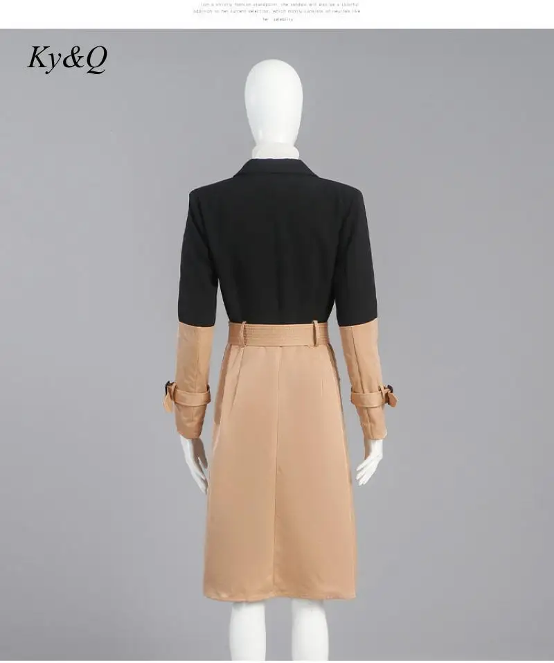 Runway Brand Winter Luxury Stitching Khaki Patchwork Long Section Windbreaker Jacket Women Jacket Sashes Elegant Outwear