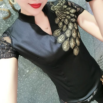 

Summer Cotton T-shirt European Clothes Women Embroidery Peacock Tops Shirt Ropa Mujer Short Sleeve Patchwork Lace Tee New T04808