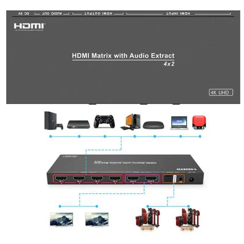FFYY-Hdmi Splitter Switch 4K Uhd Converter 4X2 Hdmi Matrix With Audio Extract Optical L/R Digital Analog+ Ir Remote Eu Plug