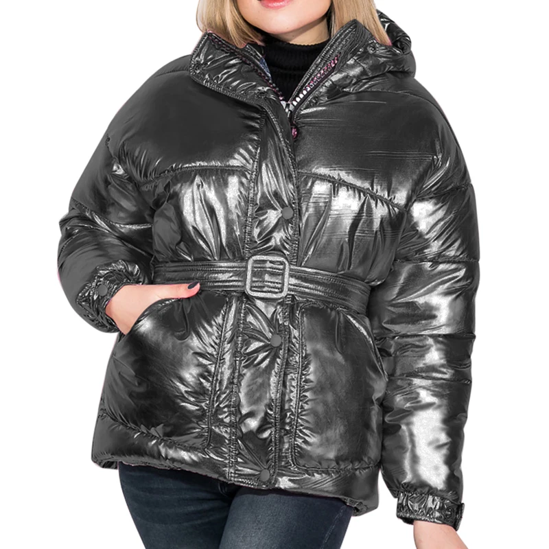 Modish зимняя теплая куртка с поясом Повседневная серебристый цвет регулируемый пояс парка с капюшоном Утепленные Пальто Манто Femme Стильная верхняя одежда