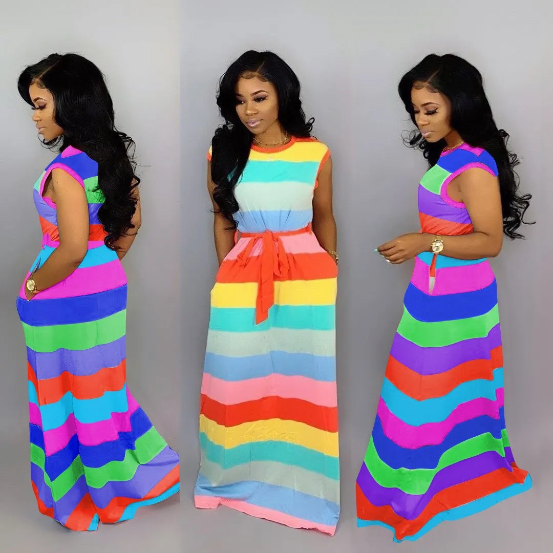 

Nice Women Striped O-Neck Sleeveless With Sashes Maxi Dress Causal Fashion Long Boho Beach Dress Plus Size Vestidos