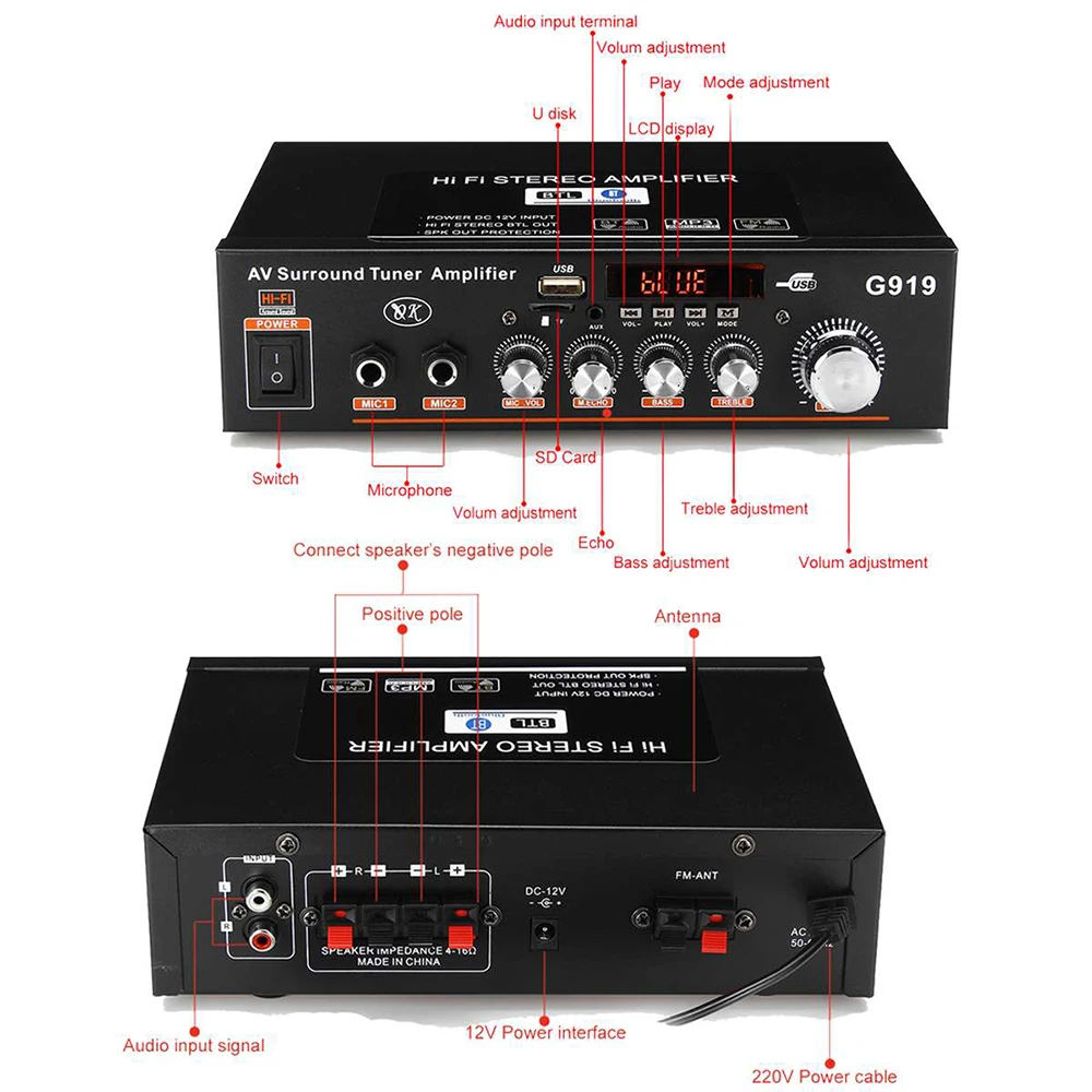 360 Вт 12 В/220 В G919 HIFI автомобильный аудио усилитель мощности домашний мини-кинотеатр усилители Bluetooth стерео аудио высокой мощности сабвуфер