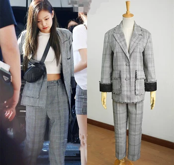 

kpop Blackpink JENNIE same Autumn korean fashion Women Plaid pockets Blazer Jackets lady office elegant temperament Blazer coat