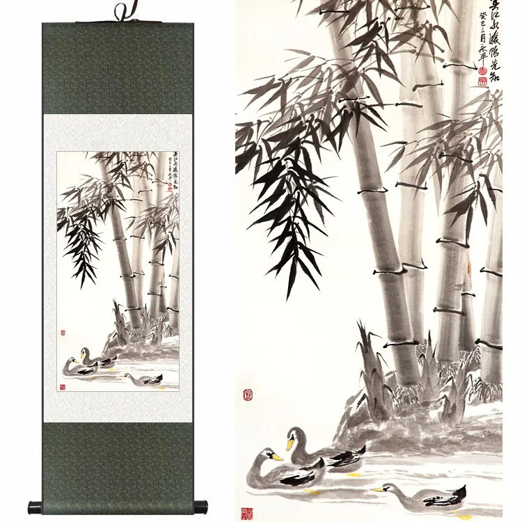 

Chinese silk watercolor flower and birds ink peace bamboo feng shui wall picture damask framed decorative canvas scroll painting