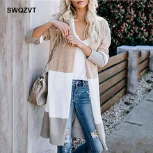 Длинный женский кардиган, новинка, зимняя одежда для женщин, на каждый день, из кусков, в полоску, вязанный женский топ, женский свитер, casaco feminino