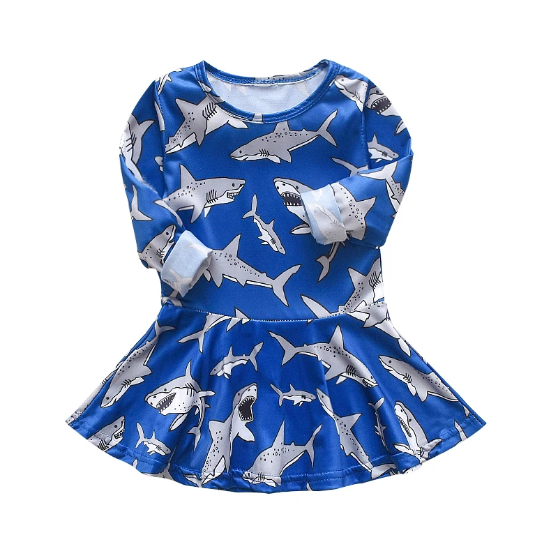 Платье с длинными рукавами и принтом акулы для маленьких девочек