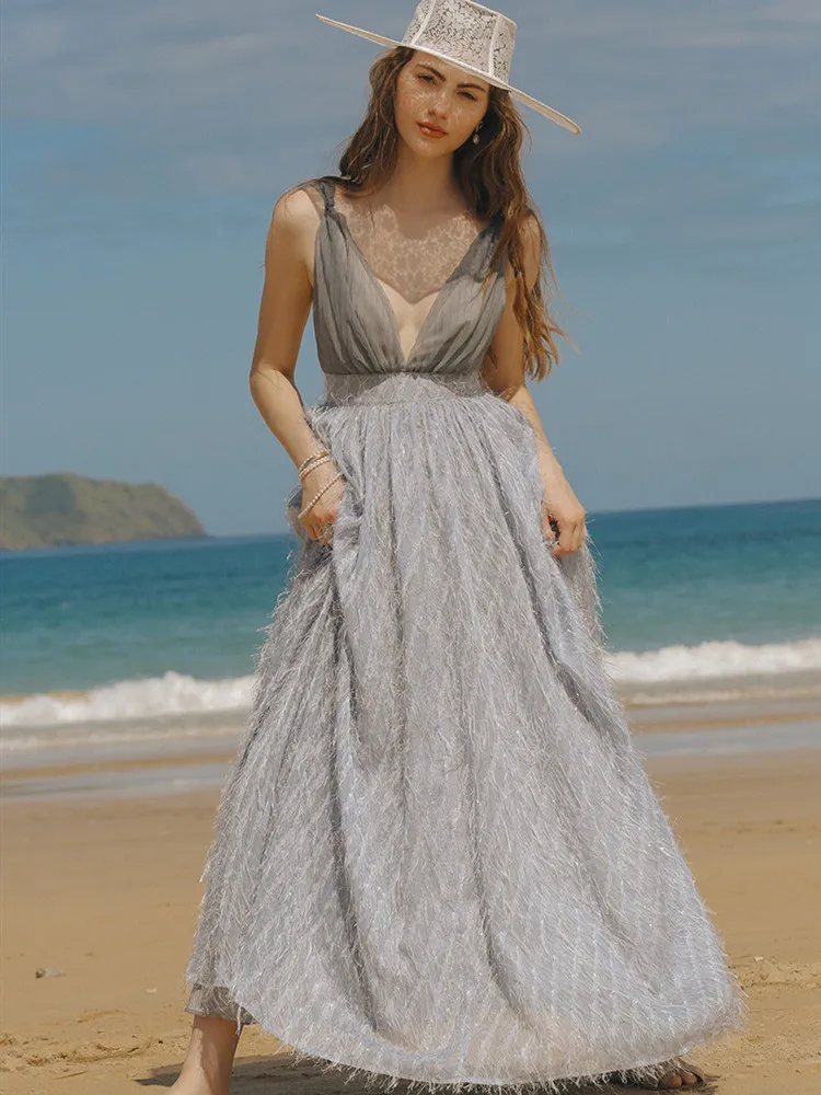 

Sundress Women's Summer Vintage Elegant Slim Bright Silk Chiffon Sexy Deep V-Neck Backless Beach Casual Boho Maxi Dress