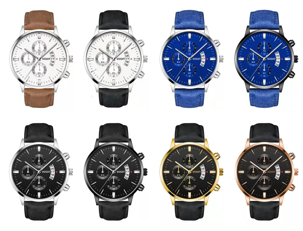 

AliExpress Hot Sales MEN'S Watch Creative Fake Three-Eyed Calendar Top Grade Business Men Belt Quartz Watch