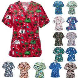 Christmas Printing Medical Scrubs Tops Unisex Pet Clinic Doctor Scrubs Workwear Short Sleeved  Hospital Nurse Work Tops T-shirt