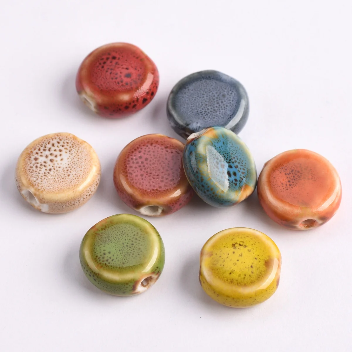 10pcs Flat Round 15mm Handmade Ceramic Porcelain Loose Spacer Beads lot for Jewelry Making DIY Crafts Findings