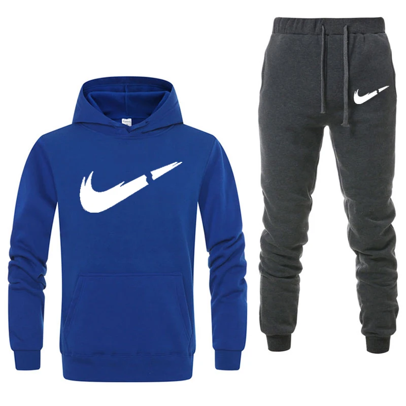 blue dark gray New Two Pieces Set Fashion Hooded Sweatshirts Sportswear Men Tracksuit Hoodie Autumn Brand Clothes Hoodies+Pants men sets - Цвет: blue dark gray
