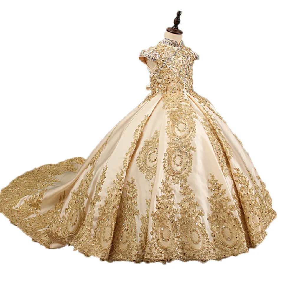 Роскошные платья принцессы с цветочным узором для девочек на свадьбу; золотые кружевные платья с аппликацией из бисера для девочек; атласные вечерние платья для первого причастия