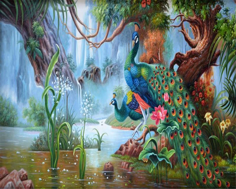 3d Bedroom Wallpaper Fantasy Forest Creek Couple Peacock Living Room Bedroom TV Background Wall Wallpaper