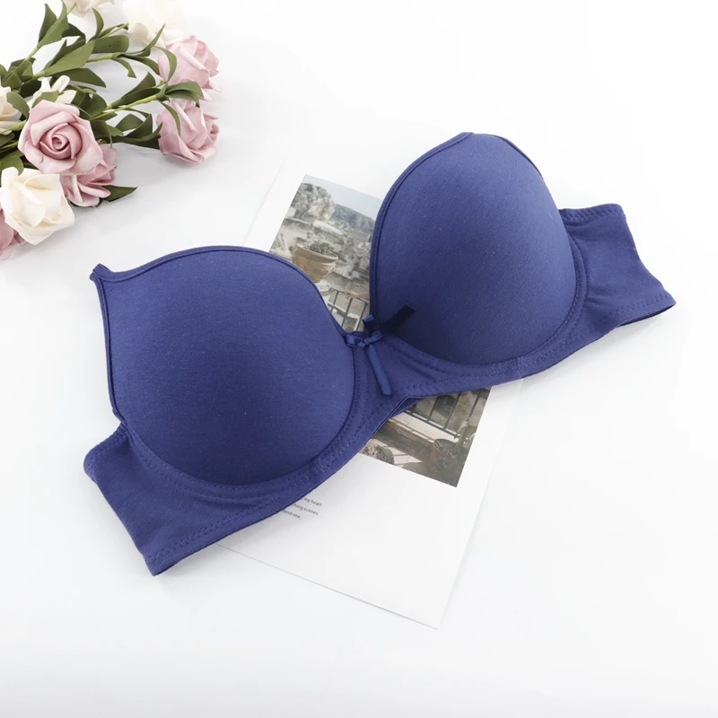 Xiushiren Unpadded Large Size Bras for Women Underwire Unconvertible Push Up Brassiere Soild Color Back Closure Cotton Underwear - Цвет: Dark Blue