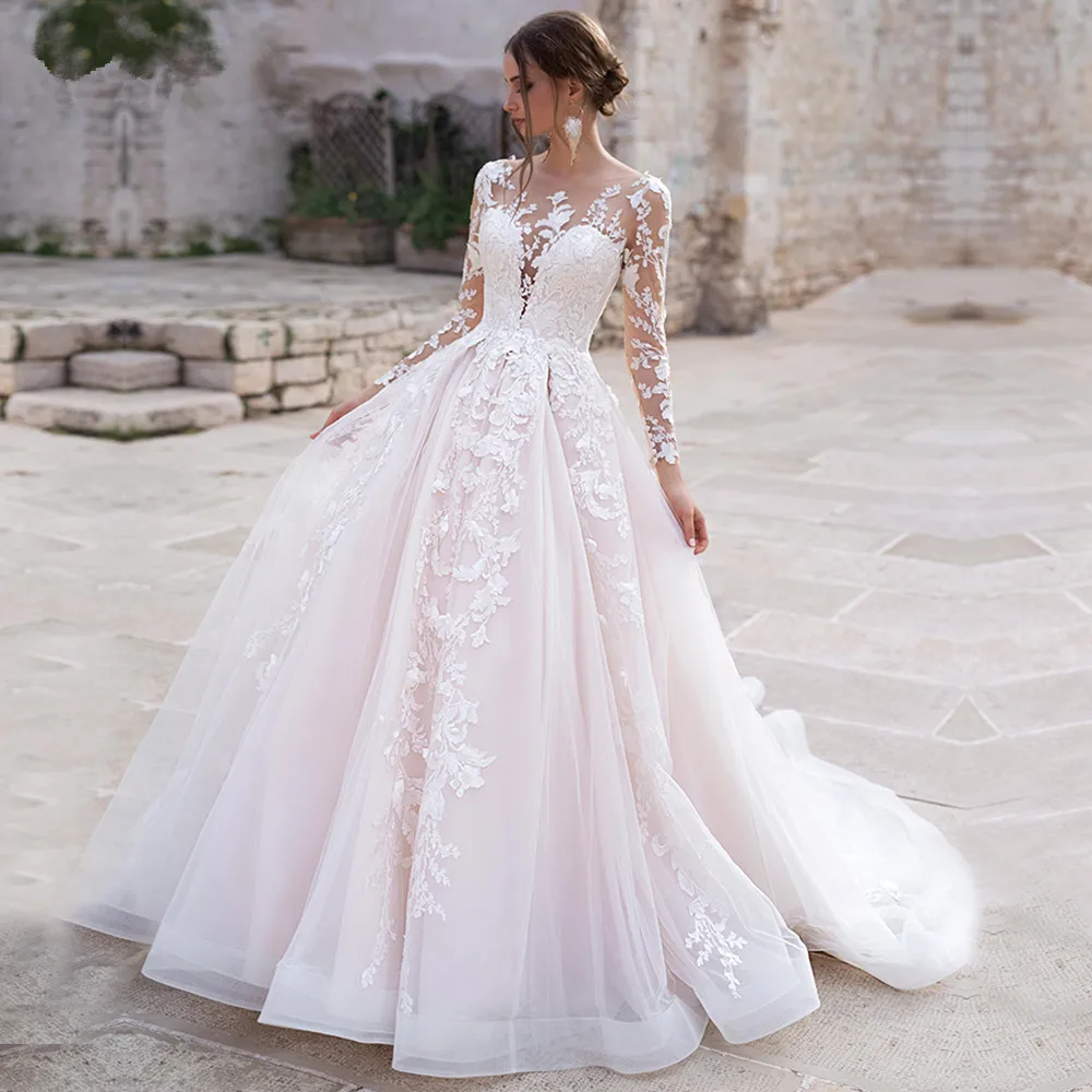 Blush Pink Wedding Dresses Lace Applique Long Sleeved Romantic Bride