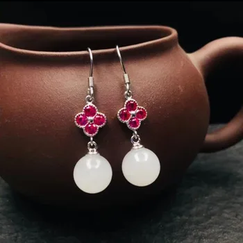 

Brinco Promotion 925 Pure Natural Hetian Jade Inlay Zircon Lady Hook Lucky Earrings For Women Jewelry