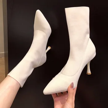 

High Heeled Shoes Boots Knitting Socks Boots Mid-calf Thin Heel Boots Pointed Boots Thin Boots Elastic Boots Female Shoes 8890