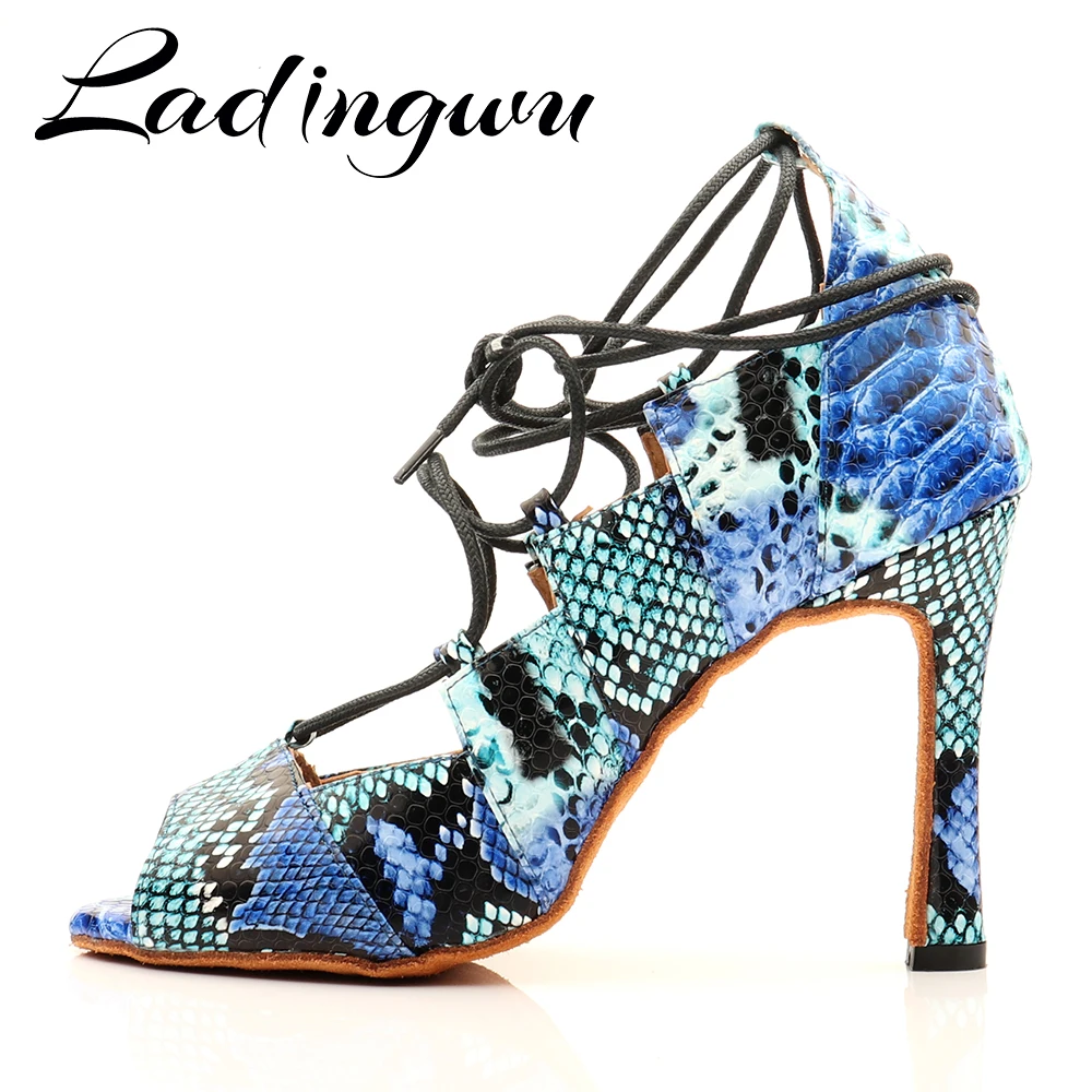 Hot Selling Women's Tango Ballroom Latin Dance Dancing Shoes Blue Snake Texture Salsa Professional Dancing Shoes For Girls